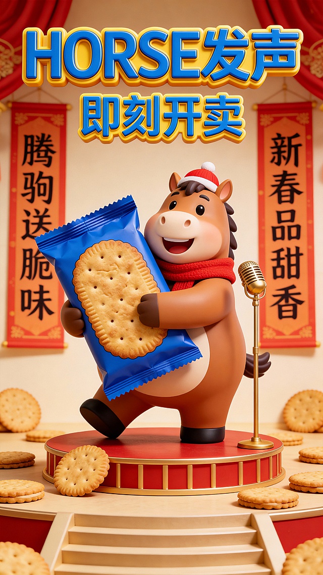 软3D风格拟人马形象，国潮风新春场景，喜庆红金配色，卡通趣味十足，手持饼干袋立于舞台，传递节日欢愉与产品卖点。