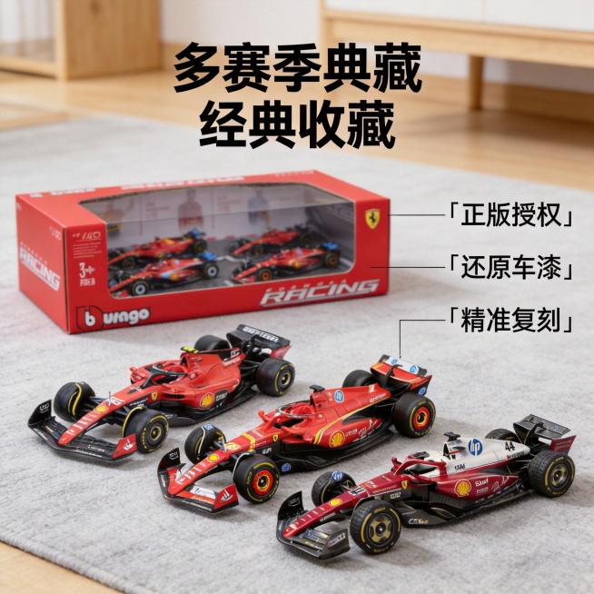 [主图-2] 法拉利F1车模核心卖点细节展示图。
[氛围风格] 家居治愈风，温馨简约氛围感；
[画质] 商业摄影质感、光线柔和通透、产品清晰真实、画面干净高级。
[元素] 主图展示整套车模套装，左侧是预览效果