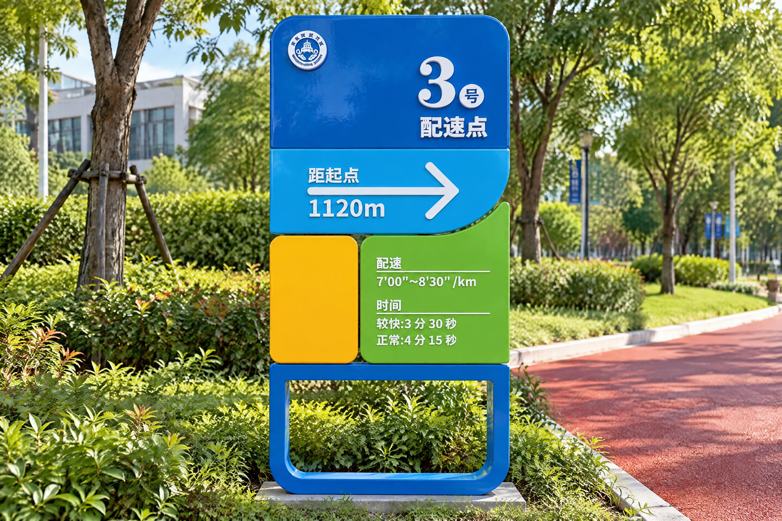 将图中的3号配速点标识雕塑生成正对视角的实景效果图，正面平视角… - 图片创意预览