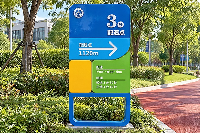 将图中的3号配速点标识雕塑生成正对视角的实景效果图，正面平视角度。图中所有深灰色背景完全去除，中间镂空部分通透可见后方景色。雕塑整体具有光滑的烤漆光泽质感，反光细腻，金属烤漆材质感。雕塑上的每个颜色块之间都有明显的立体落差和层次感，深蓝色顶部、浅蓝色箭头区、黄色方块、绿色信息区、蓝色底部框架等不同颜色区域呈层叠凸起效果，文字为立体字，箭头方向朝右，距起点1120m，有真实的光影投射和阴影。雕塑立在校园红色塑胶健康步道旁的花台中，周围有绿树草坪，白天明亮自然光，3:2横构图