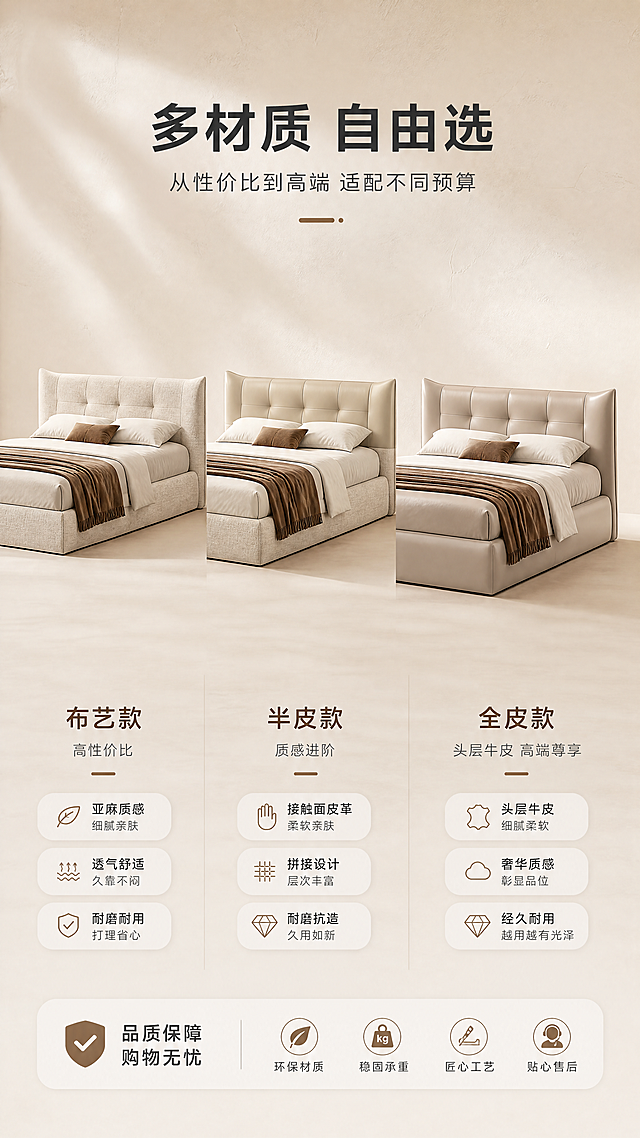 [商品] 使用【图1】白雪床双人床为基础款；保留床头两侧微凸角造型、整体床体结构与比例；商品处理：生成同一款床的三种面料版本并排展示——左侧布艺款（亚麻纹理米白色）、中间半皮款（半皮半布拼接）、右侧全皮款（细腻头层皮质感），三款床结构完全一致仅面料不同，增强各面料纹理质感表现。
[画面] 目标：多材质面料自由选卖点，展示布艺/半皮/全皮三种面料质感与适配风格；构图：上文案下三列矩阵，顶部1/5标题区，下方4/5三款床横向并排对比；主体位置：画面中下区域，三款床等比例排列；角度：正面微侧45°；景别：中景，完整展示三款床头面料差异；前中后景：前景统一浅米色地面，中景三款床体，后景统一奶油色背景墙+柔和光影。
[视觉] 套系策略：风格=现代极简奶油风高级商业摄影；标题字=现代无衬线粗体中文；正文字=简洁无衬线体；主色=米白奶油色；背景延展=基于米白奶油色做深浅层级、同色渐变和细腻墙面质感；强调色=暖棕咖色，仅用于小面积图标、引线和标签；标题色=深炭灰；正文色=中暖灰；组件=圆角浅底信息卡、细线分隔线、面料等级标签；光影=正面均匀暖柔光，突出面料纹理质感。
[文字] 顶部主标题「多材质 自由选」（6字），副标题「从性价比到高端 适配不同预算」（14字）；三款床下方分别标注：「布艺款 高性价比」「半皮款 质感进阶」「全皮款 头层牛皮 高端尊享」；每款下方配2-3个短标签描述触感与特点。
[规格] 图片比例9:16竖版，4K分辨率，淘宝/天猫详情页适配，中文文案；避免变形、错字、文字过小、三款床结构不一致、面料质感模糊、冷蓝背景。