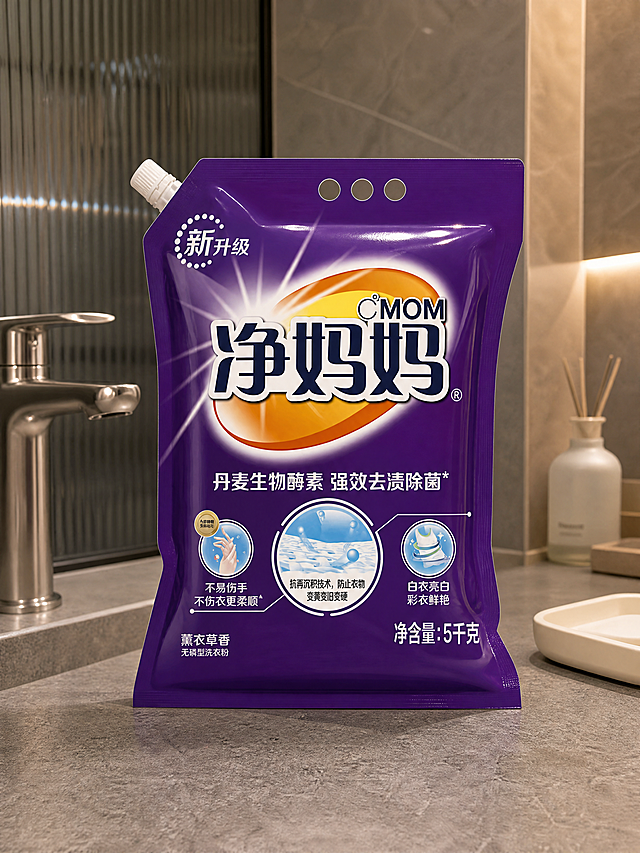 超写实电商商品摄影。
主体：洗衣粉严格参照上传产品图，完整保留所有可见组件、轮廓、结构、比例、材质、颜色与产品本体上的文字信息（logo / 型号 / 规格 / 参数等），与上传图完全一致；产品占画面68%，完整不裁切，近景贴近产品，产品作为绝对前景主导，边缘距画面边缘≥5%；产品平稳放置，保持完整直立包装形态。
构图与陈列：微俯10°视角，洗衣粉放置在浴室哑光岩板洗手台面上。
风格：现代轻奢。
场景概念：浴室洗衣区，夜晚暖光室内灯。
承载与背景：①承载面：灰色哑光岩板台面；②背景：雾面玻璃浴屏，浅灰墙砖。
陪衬物：①洗手台左侧，银色金属出水龙头，拉丝金属银色；②台面右侧，米白色陶瓷皂碟，陶瓷米白；③台面角落，白色香薰瓶，磨砂玻璃白色。
配色：主60%浅灰岩板，辅25%银色米白，点缀15%深紫呼应产品；颜色：深灰/银色/米白/深紫；材质：岩板/金属/陶瓷/磨砂玻璃。
光影：主光从产品正前方顶部漫射下来，照亮包装正面；辅光为右侧暖光氛围灯带，塑料包装有清晰柔和高光。
参数：4K 写实光追。严格锁定宽高比为 3:4。
参考相似度 50%，保留产品细节融合新场景。