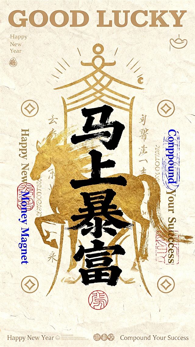 国潮风海报，融合中式复古与鎏金元素，水墨马影衬托“马上暴富”大字，喜庆吉祥，印刷质感十足，传递新年好运与财富祝福。