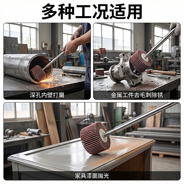基于「图片1」，生成一套主图（5张），商品名称基于上传产品参考图，生成一套5张正方形1:1天猫淘宝工业品电商主图商品：加长柄活柄百页轮变径柄6转3深孔粗细研磨抛光砂纸千叶轮第1张白底高清五金主图，突出可拆卸加长杆深孔打磨核心，明亮干净光影，高点击率首图；第2张白底尺寸参数详情图，清晰标注75/110/150mm杆长、3/6mm柄径、6转3变径、8*8mm磨头规格，螺纹结构细节特写；第3张白底目数陈列图，完整展示80#-600#共7款粗细砂布磨头，清晰呈现细密纱布纹理；第4张写实工业施工场景图，深孔内壁打磨、金属去毛刺除锈、家具漆面抛光作业画面；第5张浅蓝简约卖点图，排版汇总可拆卸换头、耐磨强切削、，卖点是亲肤面料，坐垫可拆洗，风格是温馨舒适家居治愈风，适配淘宝/天猫平台，主图比例为1:1