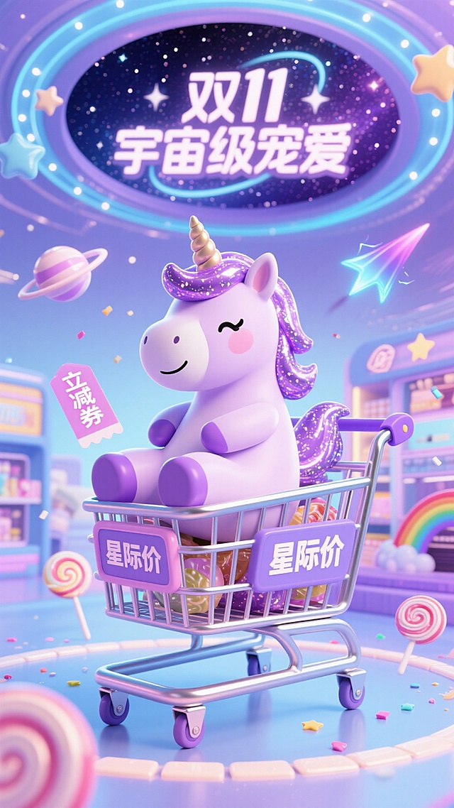 梦幻霓虹宇宙中，软3D萌系独角兽坐购物车，糖果星球环绕，粒子光效飞舞，趣味促销满屏，双11星际宠爱爆棚。