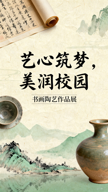 一张展览海报，主题为“艺心筑梦，美润校园”伊犁师范大学书画陶艺作品展，整体风格文艺雅致，融入书法、水墨画、陶艺器皿等艺术元素，背景使用淡雅宣纸质感，主标题“艺心筑梦，美润校园”使用醒目的书法字体，下方预览效果