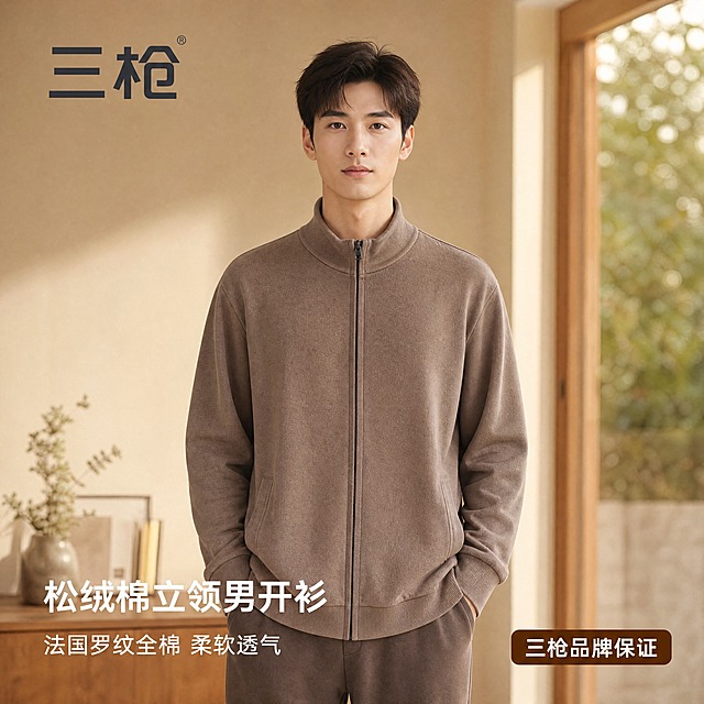 [商品] 使用【图6】摩卡慕斯色松绒棉立领男开衫；商品处理：保留立领、全拉链开襟、两侧插袋、罗纹袖口下摆、版型结构和摩卡棕颜色；自然去除杂乱褶皱，理顺垂坠，增强面料纹理和五金质感，不改变版型。
[画面] 目标：主图1-模特上身前面图，带背景及文字，突出三枪品牌保证与面料质感；构图：居中亚洲男模特正面站立，身穿本款开衫，姿态挺拔自然，展示上身全貌；背景暖调简约室内/落地窗场景，有阳光感；主体占画面约70%。
[视觉] 风格=休闲简约高级商业摄影暖调氛围；主色=摩卡棕暖调；背景=暖米色渐变+柔和光影；强调色=焦糖棕；光影=前侧暖柔光，自然立体。
[文字] 左上角品牌文字「三枪」，左下角主标题「松绒棉立领男开衫」，副标题「法国罗纹全棉 柔软透气」，右下角卖点标签「三枪品牌保证」；文字不遮挡服装主体。
[规格] 图片比例1:1方版（800x800），4K分辨率，负向提示：避免变形、错字、文字过小、冷蓝背景、颜色改变、版型失真、抗菌/抑菌/除湿/发热/蓄热等词、绝对化用语。