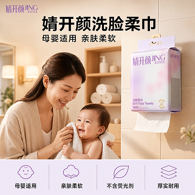 [单张电商主图] 婧开颜洗脸柔巾 爆款促销感主图，拼多多平台，1:1比例，满足点击转化需求。
[画面主体] 保留输入图片中的婧开颜洗脸柔巾挂墙包装和抽取式柔巾、亲子温馨场景，保持产品包装外观（物理结构、材质质感、渐变色、文字、Logo）与输入产品图绝对一致，杜绝任何变形和色差，精细化处理。商品主体与亲子场景共同构成画面，整体占比控制在65%左右，画面满屏无边框。
[构图版式] 采用顶部大标题型，三段式标准结构：顶部占28%放品牌位和主标题，中部放产品主体与亲子场景占55%，底部占17%放通栏信息条。产品主体与亲子场景自然融合，产品不遮挡人物面部，重点清晰。
[场景元素] 背景为明亮温馨的暖色系浴室，浅米色墙面、浅木色置物架，放置卷状洗脸巾和洗浴瓶，两处柔和壁灯，整体干净通透，充满温馨家居氛围感，不抢主体。
[文案版式] 左上角安全区放置提取的品牌Logo「婧开颜JING JOYFUL」，保持字形、配色和比例不变。顶部居中主标题大字是"婧开颜洗脸柔巾"，黑色粗体；下面一行小字"母婴适用 亲肤柔软"，黑色字体，大小为主标题的一半，左对齐排列。底部通栏信息块，左文字卖点：母婴适用 亲肤柔软，两行排列，黑色字体清晰突出，整体留白合理，文字不遮挡产品和人脸，文字清晰可辨。
[光影质感] 柔和明亮的自然光从侧面射入，主光清晰勾勒产品轮廓，辅光填充浴室阴影，整体光影通透干净，高光柔和不溢出，暗部细节清晰，呈现真实商业摄影质感，画面清晰高级，材质真实自然。
[配色字体] 主色调为浅暖米白，提取产品包装的淡紫粉色作为辅助色，文字全部使用黑色无衬线粗体，对比强烈清晰易读。
[比例分辨率] 1:1比例，2k分辨率，文字清晰锐利，画面超高清。
[负向提示词] 变形，水印，文字错乱，产品图模糊，背景杂乱，错字，遮挡主体，Logo变形，色差