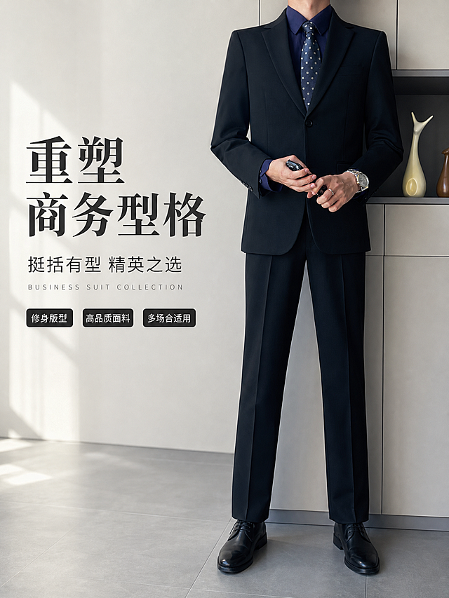 [第1张] 详情页头图-男士黑色西服套装商务精英主视觉海报。本张使用【图1】作为商品主体与模特主体。
[氛围/风格] 高级商务质感，都市精英风，简约大气，商业摄影质感，杂志画报感。
[元素布局] 模特身着黑色西服套装（单扣西装外套+直筒西裤），内搭深蓝色衬衫+灰色波点领带，站在现代简约商务空间中，位于画面右侧偏中，占比约55%；模特姿态自然挺拔，双手持车钥匙，展现精英气质。背景为浅灰色大理石墙面+深色置物柜，柜上摆放简约陶瓷花瓶装饰，营造高级办公/商务场景。左侧留出大面积负空间用于标题排版。地面为浅灰色哑光地砖，有柔和光影。保持西服外观（版型、颜色、面料质感、单扣设计、平驳领）与输入产品图一致，杜绝变形和色差。
[光影质感] 左侧大面柔光窗光为主光，光线柔和通透，勾勒西服挺括轮廓；右侧辅光补亮暗部，衣褶处有自然明暗层次；地面有柔和投影；整体光比舒适，高级影棚质感。
[配色色系] 全局底色 #F5F5F5 浅灰调；主色黑色西服、深灰；辅助色深蓝衬衫、金色点缀；强调色米白、浅棕。
[视角构图] 平视角度，人物为视觉中心，阅读动线左侧标题 → 右侧人物 → 底部信息，景深中等，背景适度虚化。
[文字版式] 左侧负空间上下排版，顶部主标题「重塑商务型格」，大号粗体衬线字体，深灰色；副标题「挺括有型 精英之选」，中号无衬线，深灰色；下方英文装饰「BUSINESS SUIT COLLECTION」，小号细体；底部三个小标签横向排列：「修身版型」「高品质面料」「多场合适用」，黑底白字圆角小标签。文字不遮挡人物主体。
[比例分辨率] 3:4 竖版比例，2K 分辨率，文字清晰可辨，高清画质。
[负向提示词] 变形，水印，文字错乱，文字过小，西服结构错误，颜色偏差，面料质感失真，背景杂乱，人物面部扭曲，手部畸形。
