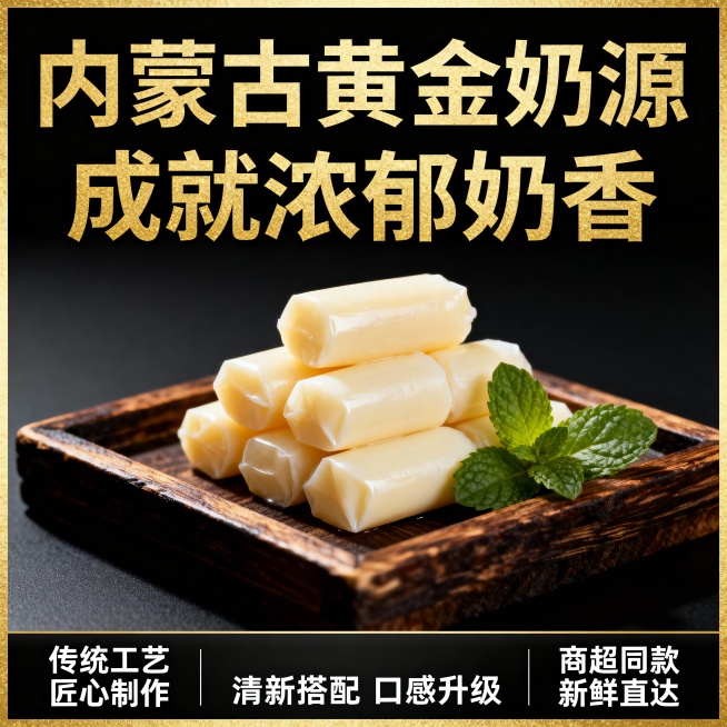 这张图片是产品主体这款产品是上海冠生园大白兔奶糖 我需要设计20张主图在拼多多上面售卖    主图场景布局可以用 等设计一个高级一些主图文案内容  甄选内蒙古黄金奶源带的优质鲜奶 奶香浓度比普通奶粉高预览效果