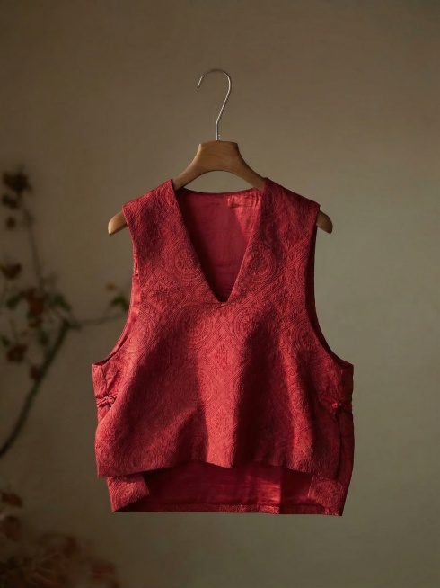 将图2中酒红色提花马甲，精准替换图1中的米白色马甲，保持马甲的图案、版型、颜色完全不变。保持图1原有的暖调浅棕背景调性、木质衣架、左侧植物景深不变。匹配背景的柔和侧逆光，在马甲上生成正确的受光面和背光预览效果