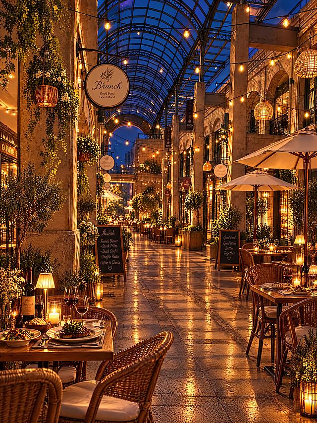 将这条步行街Brunch用餐区改为夜间bistro小酒馆氛围。夜晚场景，深蓝色夜空透过玻璃顶棚，暖黄色串灯全部点亮，藤编吊灯发出温暖光晕，餐桌上点起蜡烛和小台灯，餐点换成晚餐摆盘，有红酒杯、西餐餐盘、烛光晚餐氛围。店铺橱窗透出暖光，整体光线昏暗柔和，营造浪漫温馨的法式夜间小酒馆bistro感觉，慵懒微醺的夜晚氛围，写实风格，高清细节