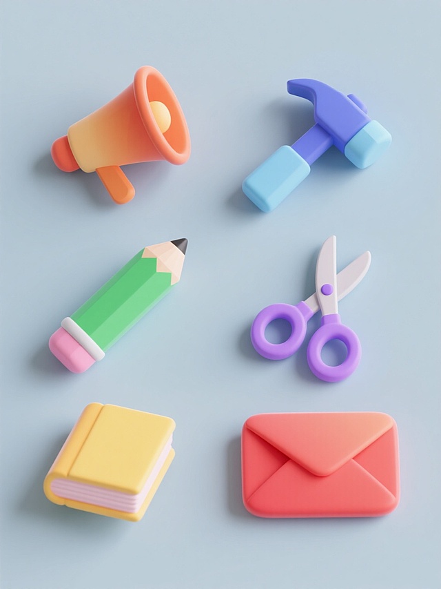 一组六个同风格系列素材集合，每个素材均为单个简约圆润3D卡通风格图标，保持统一的低多边形设计感、平滑曲面、柔和高光与阴影处理，元素类目为日常用品/工具类，分别为：1.橙色渐变喇叭、2.蓝色渐变锤子、3.绿色渐变铅笔、4.紫色渐变剪刀、5.黄色渐变书本、6.红色渐变信封，每个图标置于不同单一纯色背景上（浅灰、浅蓝、浅绿、浅紫、浅黄、浅粉），整体画面色彩协调且各元素间有明显区分，所有图标大小一致、视角统一（略向右上方倾斜），呈2行3列规整网格排布，简洁明快的视觉风格与高效的信息传达感。