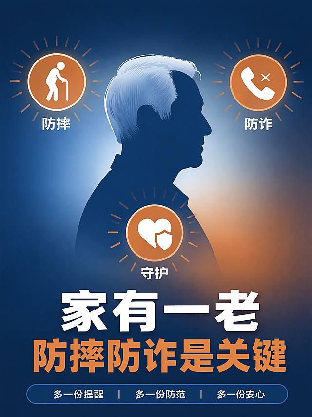 竖版小红书海报封面，画面比例3:4，极简写实风格。大面积蓝橙渐变底色，延续之前科普海报的蓝橙配色。画面中央是深蓝色银发老人的侧脸剪影，老人轮廓内用浅色填充。

剪影周围环绕三个橙色系小图标：左上老人杵拐杖代表防摔，右上电话加叉号代表防诈，正下方爱心加盾牌代表守护。

画面色调为深蓝底色 + 橙色图标 + 白色文字，干净利落，信息一目了然。

文字布局在画面正下方老人剪影下方：大号白色粗体字写着"家有一老"，下一行橙色字"防摔防诈是关键"。

装饰元素：图标周围有淡淡的放射短线，底部蓝色横条收尾。整体风格简洁专业，主题一眼抓住，所有文字完整清晰不裁切，四周留有安全边距，无多余元素。