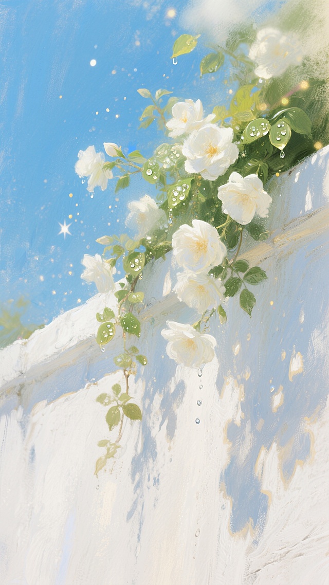 白墙，蓝天，阳光，墙头有白色的花垂下来，刚浇过水的绿叶在明媚的阳光下