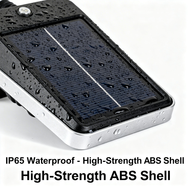 Amazon product detail image, close-up of the solar security light's black ABS plastic body with silv预览效果