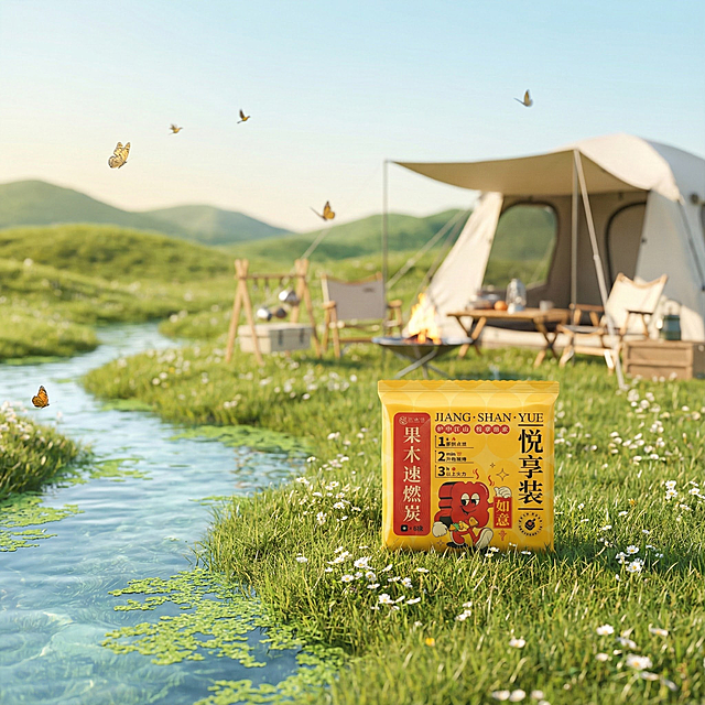 产品置于前景，缩小一些。背景为明媚的秋日风光：一片浅绿色的草地，点缀着几朵白色小花，产品组合后面是户外露营营地，营地放大虚化，左边蜿蜒着一条清澈的小河，水面漂浮着些许浮萍，远处是连绵的青山。天空呈现淡蓝色，光线柔和温暖。几只蝴蝶与小鸟于空中飞舞，增添灵动之感。整体风格清新自然，色彩明快，传递出秋日与产品的温和质感。