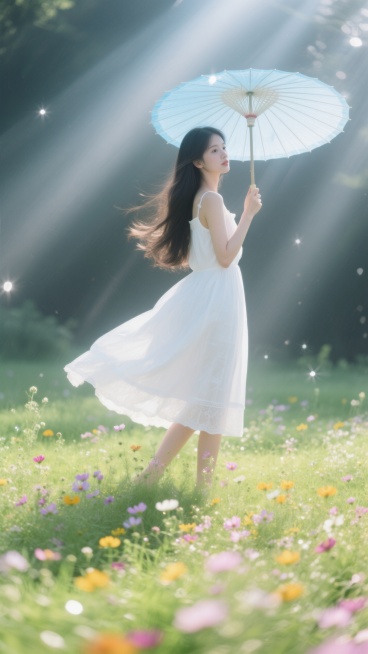 一个女生在草地上撑着伞预览效果