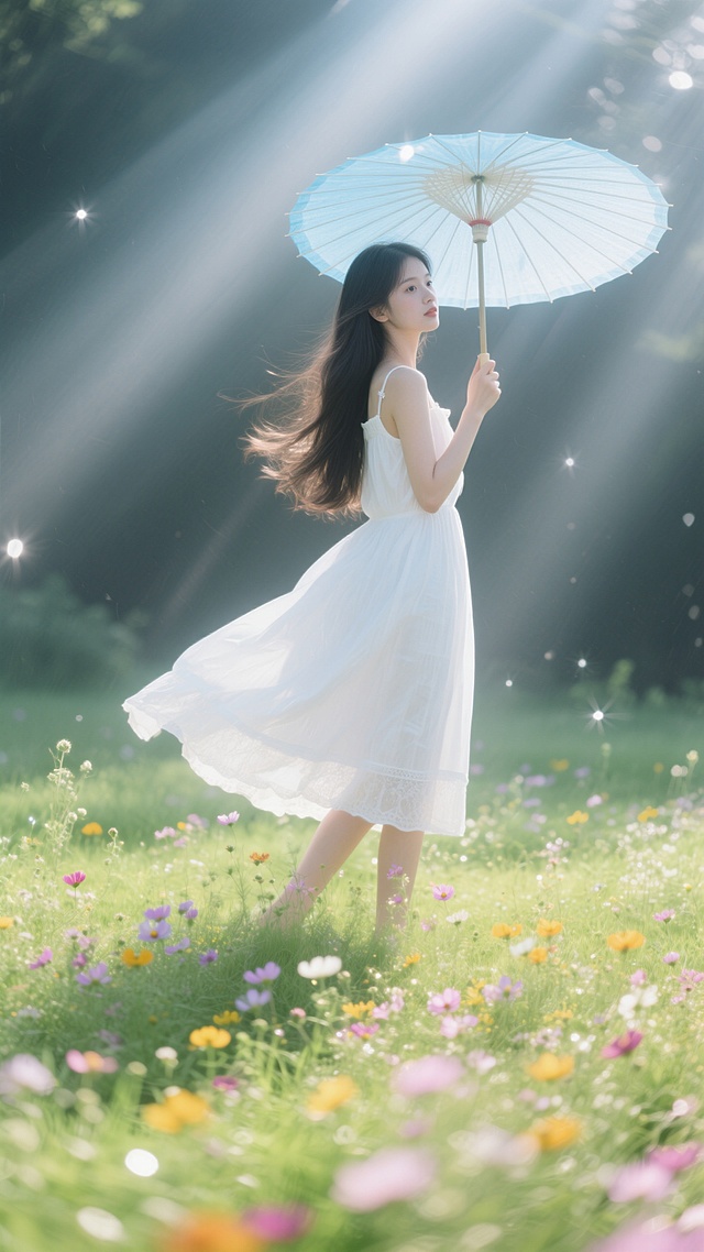 一个女生在草地上撑着伞