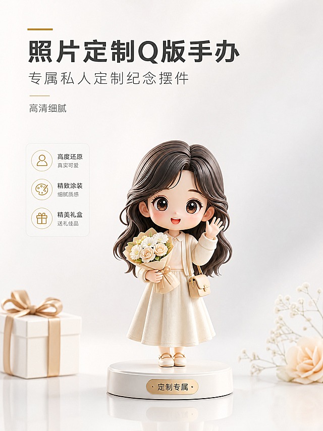 [商品] 3D卡通Q版人物手办，大头小身可爱比例，精致树脂质感，发丝细腻，服饰纹理清晰，站在简约圆形底座上；手办造型可爱治愈，面部表情生动，上色均匀通透。
[画面] 简约高级电商详情首图，居中构图，手办位于画面中央偏下，占画面约50%；干净白色浅渐变背景（白到极浅暖灰渐变），柔和侧光打出自然阴影，底部有轻微倒影；左上角或顶部留白放置标题文字，整体留白充足，轻奢高级感；前景点缀极少量精致小道具（如迷你礼物盒、小花朵），不抢主体。
[视觉] 套系策略：风格=简约高级轻奢电商3D渲染风格；标题字=现代简洁无衬线粗体；正文字=纤细优雅无衬线体；主色=纯白+浅暖灰；背景延展=纯白到浅暖灰的柔和渐变，干净通透；强调色=浅金/香槟金，仅用于小面积装饰线、标签和高光点缀；标题色=深炭灰；正文色=中暖灰；组件=极细线条分割、圆角极简信息卡；光影=右前侧柔和柔光，手办有清晰但柔和的阴影和底部倒影，立体感强。
[文字] 顶部居中或左上放置主标题「照片定制Q版手办」，副标题「专属私人定制纪念摆件」，下方小字「高清细腻」；文字横向排版，主标题加粗醒目，副标题纤细优雅，层级分明；文字区不遮挡手办主体，留白充足显高级。
[规格] 图片比例3:4竖版，4K分辨率，负向提示：避免变形、错字、文字过小、花哨背景、杂乱元素、水印、二维码、极限词、竖排文字、低质量、模糊、恐怖怪异造型。