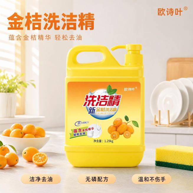 [主图-1] 厨房场景金桔洗洁精产品首图。
[氛围风格] 干净明亮洁净生活氛围，清爽实用主义风格。
[画质] 商业摄影质感，光线柔和通透，产品清晰真实，画面干净高级。
[元素] 洗洁精产品居中摆放，放预览效果
