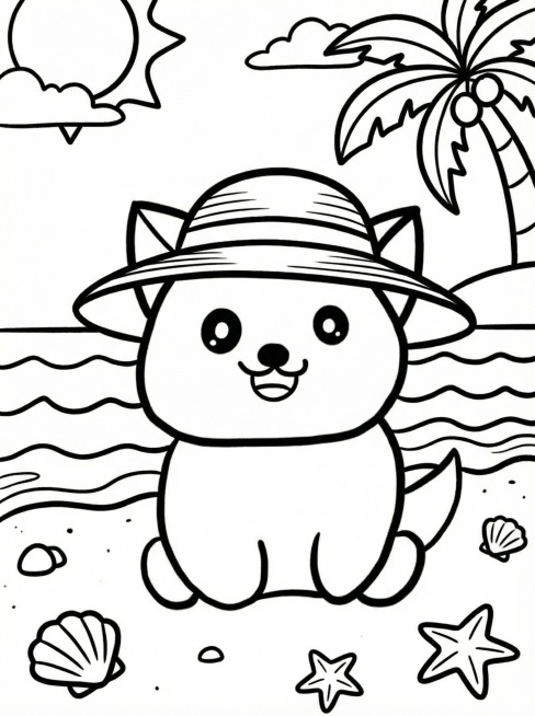 基于原图生成不同的黑白卡通图案，更换场景为海边，小猫戴着遮阳帽预览效果