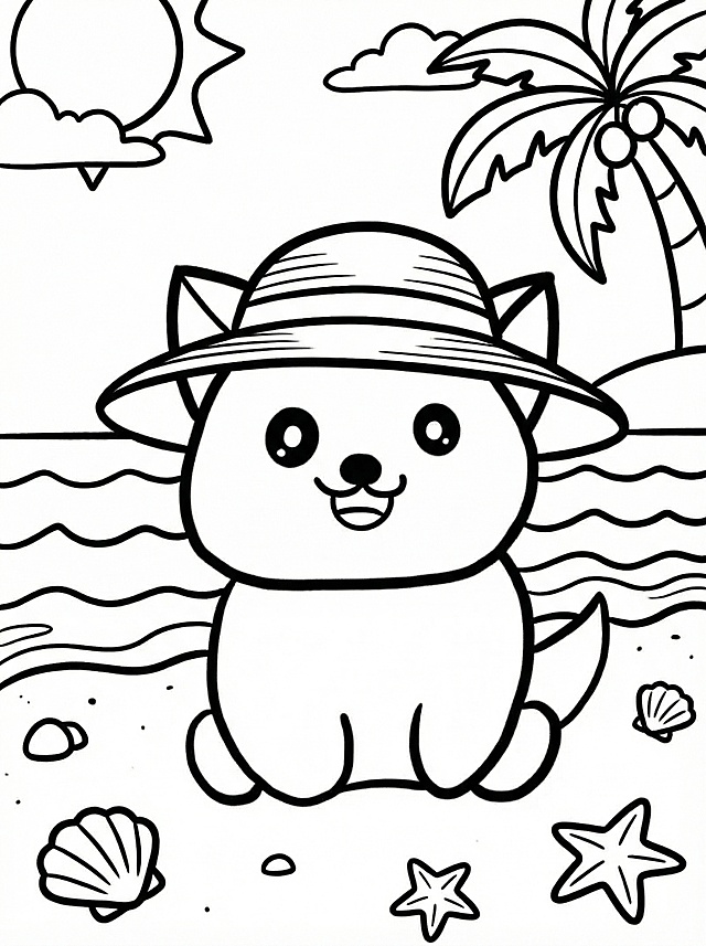 基于原图生成不同的黑白卡通图案，更换场景为海边，小猫戴着遮阳帽