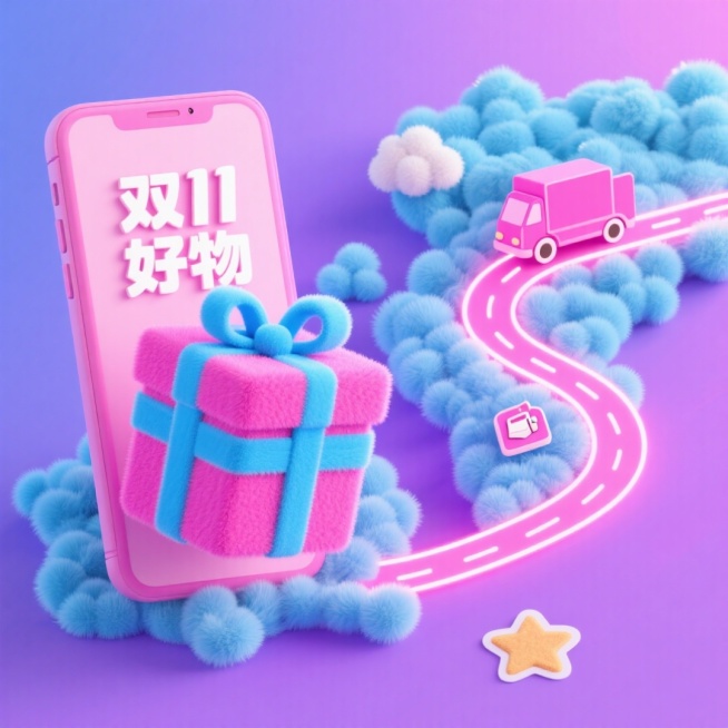 软蓝色和紫色渐变背景，左边是一部逼真的智能手机，屏幕上显示一个打开粉红色的礼盒，上面装饰着一条光滑的浅蓝色大丝带和蝴蝶结，还有中文文字“双11好物”用白色，俏皮的字体。在右边，描绘了一条发光的粉红色霓预览效果
