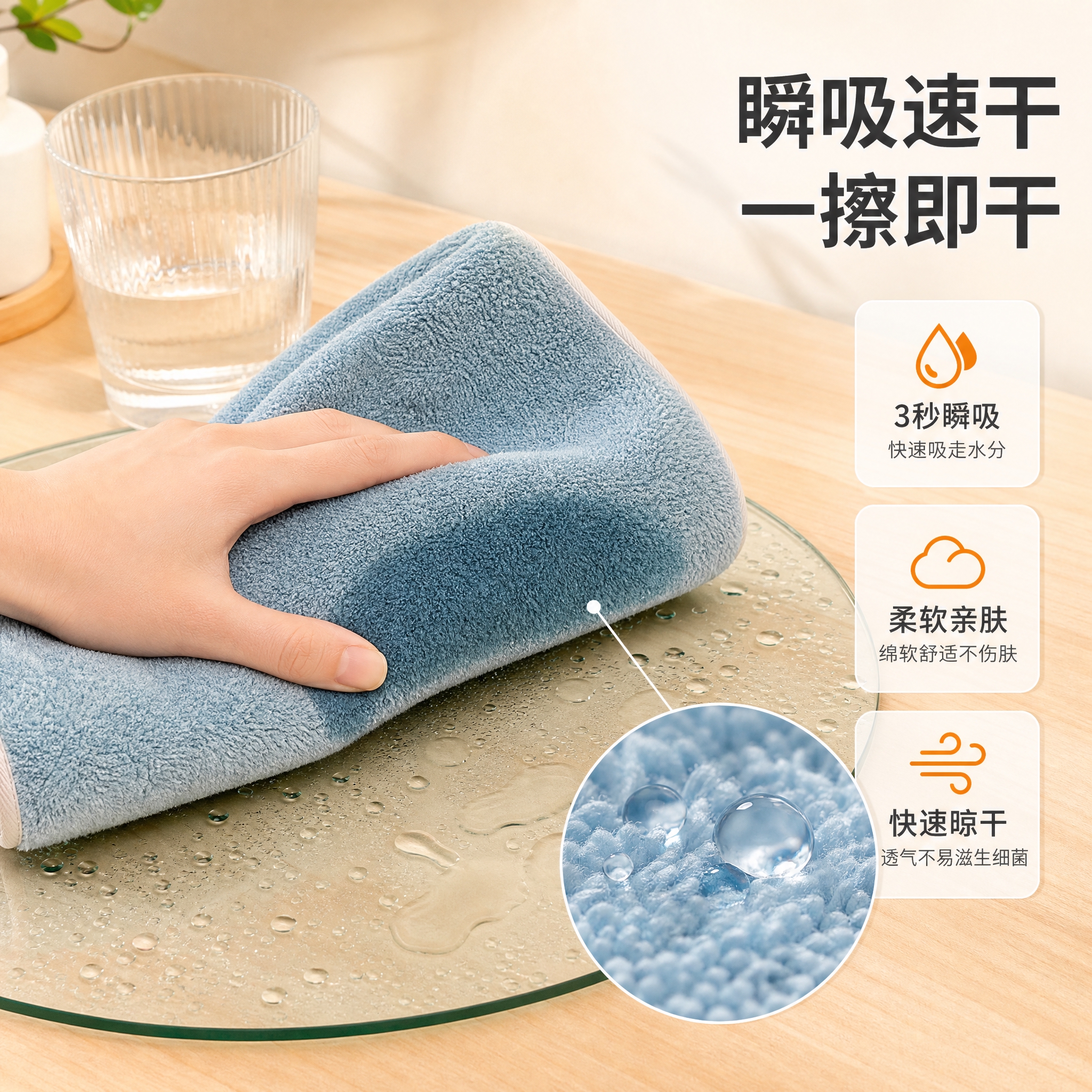 [主图-2] 满天星珊瑚绒毛巾亲肤吸水功能演示，强调珊瑚绒柔软… - 图片创意预览