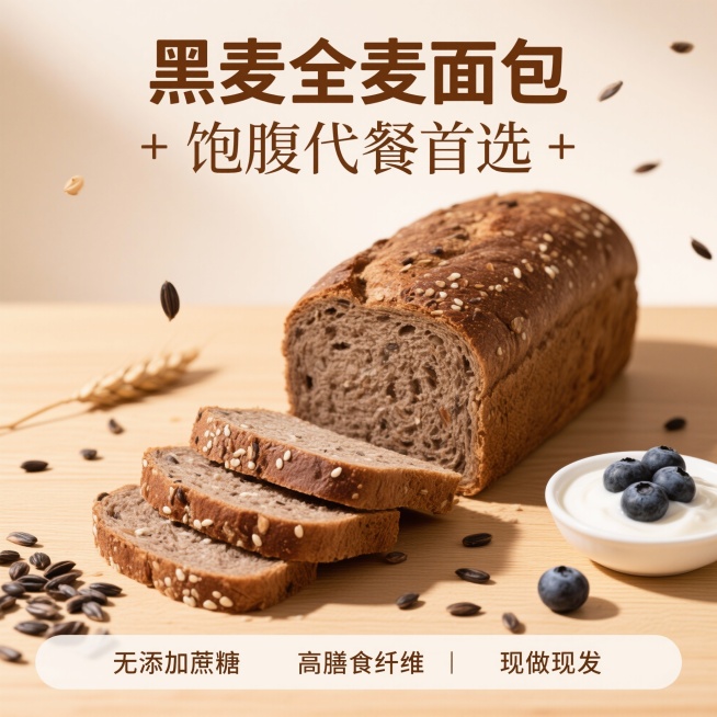 帮我根据图中的黑麦全麦面包生成几张含黑麦全麦面包的素材作为主图背景，体现有食欲有购买欲望的比例为1:1预览效果