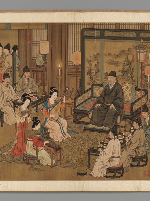 唐代贵族奢华宴饮（古画局部）, A detail from Tang dynasty painting "Han Xizai Night Banquet", depicting nobles feas预览效果