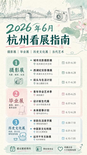设计一张杭州六月艺术展览活动集合的信息图，清新文艺风格，标题为"2026年6月杭州看展指南"，包含摄影展、毕业展、历史文化展等分类，排版清晰美观，适合手机观看，吸引观众打卡收藏预览效果
