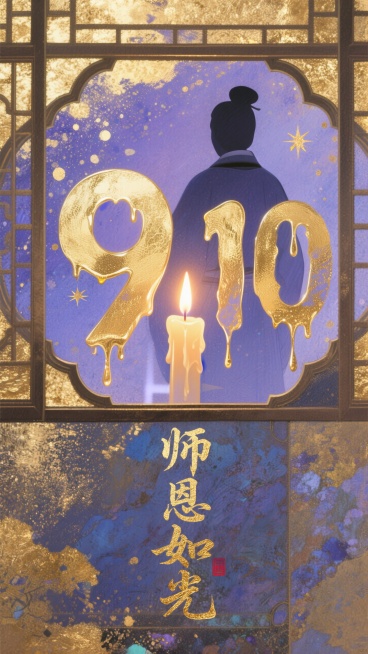 透过窗户往里面看，画面核心部分是由蜡烛蜡油构成的数字 “9.10”。蜡烛蜡油呈现出一种自然的流动质感，就像是正在融化滴落的瞬间被定格。数字边缘有细腻的纹理与光泽。烛火明亮且有柔和的光晕，背景为深邃的蓝预览效果