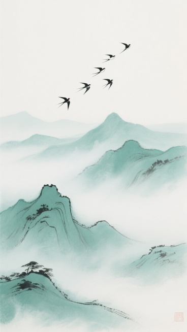 传统水墨山水画风格，淡墨勾勒的层叠远山隐于轻薄云雾之中，青绿色调铺陈山间柔和雾气，六只飞鸟呈人字点缀于空灵天际，简洁流畅的线条勾勒出山峦轮廓，画面大量留白营造雅致意境，笔触温润墨色浓淡相宜，整体呈现干净清新的水墨山水背景，色调以青绿与淡墨为主，雾气朦胧富有层次感，山水形态连绵起伏，意境悠远宁静。预览效果