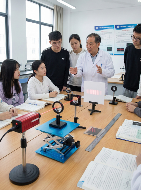 大学物理课堂上，桌子上的一个升降台作为光学实验平台，方便中国教授向全班演示不同高度下的光的干涉条纹变化。。       比例3:4预览效果