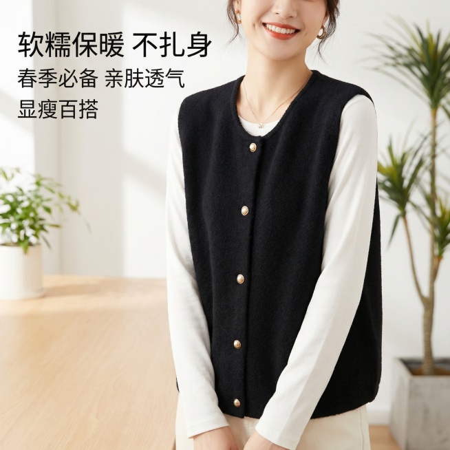参照参考图的针织马甲款式，生成商品主图，模特人物内搭穿白色长袖，突出这件黑色针织马甲，特点是软糯保暖不扎身，春季必备，亲肤透气，显瘦百搭，适合抖音电商展示，风格清新简约预览效果