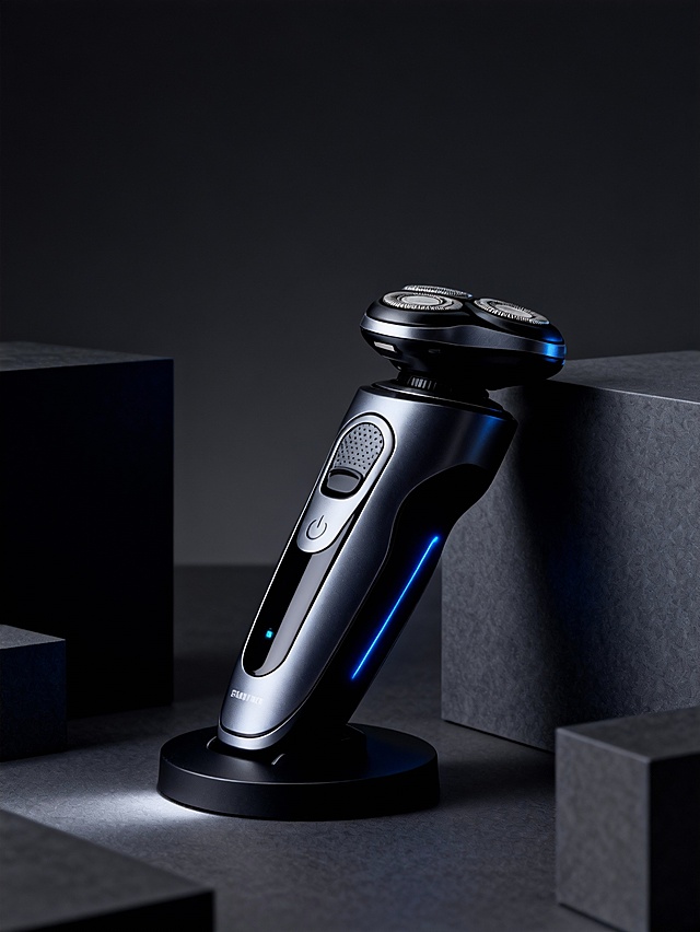 极简科技风产品展示场景，整体配色为深灰哑光背景 + 银黑金属主体，色调冷峻高级；采用侧视近景视角，中心构图聚焦主体区域；场景包含深灰几何块面装饰；主体呈斜靠姿态，置于几何块面旁，在画面中占比约 50%，与充电设备形成功能联动关系；主体融入极简科技环境，光线为侧方聚光 + 数显冷光点缀，突出金属材质的光泽与科技感细节，摄影风格为产品精修实拍，质感锐利，氛围简约专业。