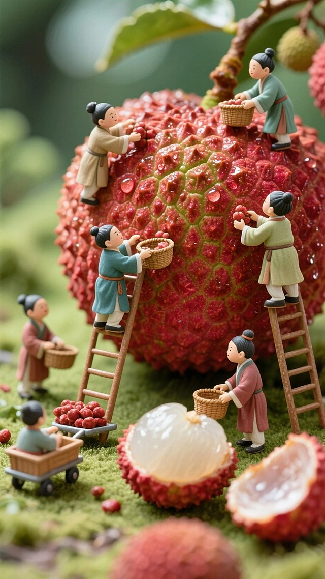 一群穿着唐装的可爱小人们正在忙碌地采摘巨大荔枝。有的小人站在梯子上，用小篮子摘取树上的荔枝；有的小人则在地上用小车收集掉落的荔枝，地上还有剥了半个壳的荔枝，荔枝放大，小人缩小，荔枝占视觉中心