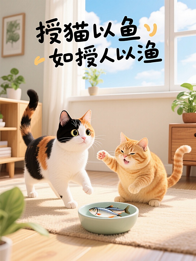 可爱手绘插画，一只三花猫和一只橘猫在温馨家居角落玩耍，家具和绿植，猫碗厘米放2条鱼，趣味手写大标题文案：“授猫以鱼如授人以渔”，窗外是蓝天白云，温暖治愈氛围。