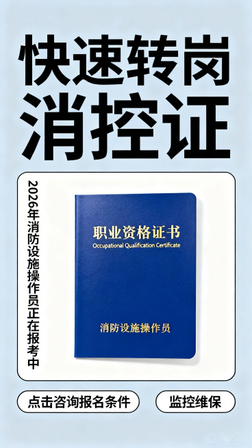 9:16竖版宣传图：顶部黑体大字‘快速转岗 消控证’，中部白色矩形框内居中放置蓝色职业资格证书（封面文字‘职业资格证书’及英文‘Occupational Qualification Certifica预览效果