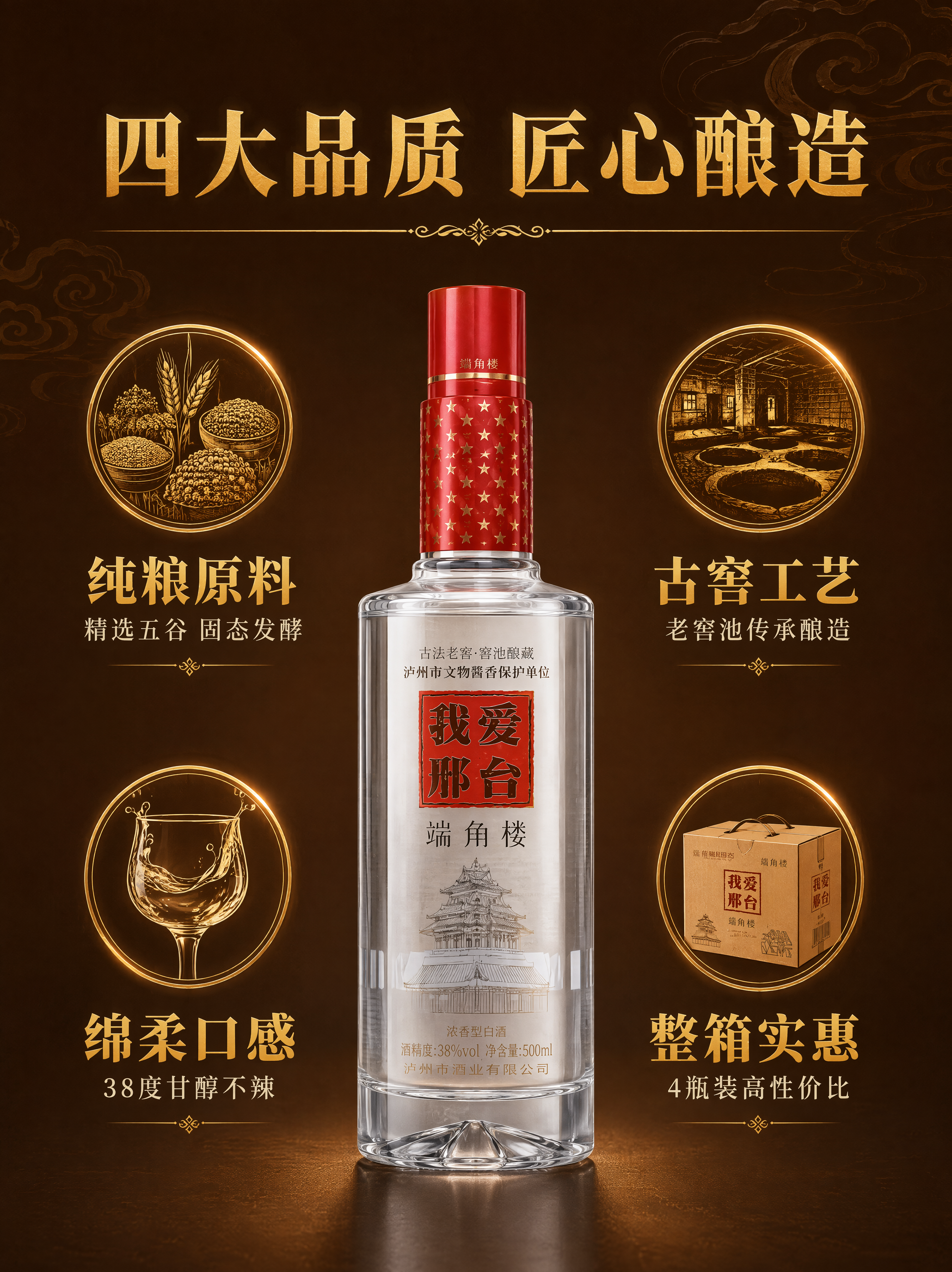 [第2张] 核心卖点总览-端角楼白酒四大品质优势。本张使用【图… - 图片创意预览