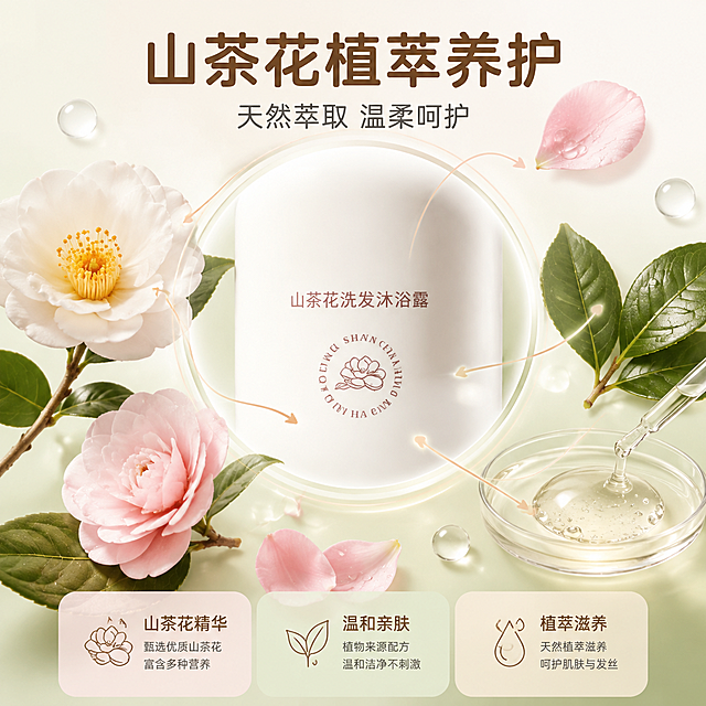 [主图-3] 主题：山茶花植萃养护 天然温和。材质成分细节展示，突出植物来源与安心感。
[统一基调] 整体风格为母婴柔和清新风，背景主色为奶油白与浅米白，搭配山茶花浅粉与叶绿；标题字色为柔棕褐色，辅助字色为暖灰色；字体为圆润无衬线黑体，标签为圆角卡片样式。
[画面] 画面采用成分机理与微距结合版式，中心偏上为产品瓶身山茶花图案的局部放大特写，占画面约30%，图案线条细腻；周围环绕真实的山茶花花瓣、新鲜山茶花花朵、绿色叶片、几滴透明精华液滴，形成植物成分环绕产品的视觉；用三条柔和曲线从植物元素引向瓶身，象征植萃精华融入产品；背景为极浅的奶油白与淡绿渐变，有细微光斑。
[光影质感] 微距摄影质感，柔和自然光，花瓣纹理清晰，叶片鲜嫩，精华液滴有高光折射，瓶身局部哑光细腻。
[配色] 奶油白 + 山茶花浅粉 + 叶绿 + 柔棕文字，天然植物感。
[文字版式] 画面顶部大标题“山茶花植萃养护”，粗体柔褐色；下方副标题“天然萃取 温柔呵护”，暖灰色；画面底部三个圆角小卡片横向排列：“山茶花精华”“温和亲肤”“植萃滋养”，浅粉绿渐变底深棕字。版式为中心微距+环绕成分，区别于前两张。
[输出要求] 1:1正方形，2048*2048，文字清晰，植物元素真实自然，产品图案保留，无错字、无水印、无平台Logo。