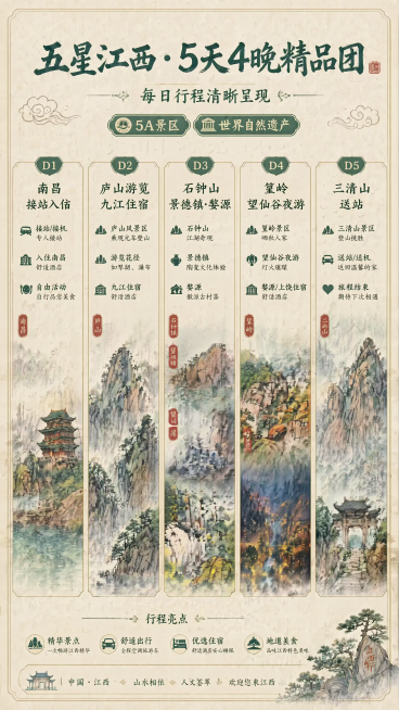 国风手绘复古水墨风格江西5天4晚精品旅游行程海报1，版式精美, 主标题"五星江西·5天4晚精品团"，副标题"每日行程清晰呈现"，画面分5栏纵向排布D1-D5行程要点：D1南昌接站入住、D2庐山游览九江预览效果