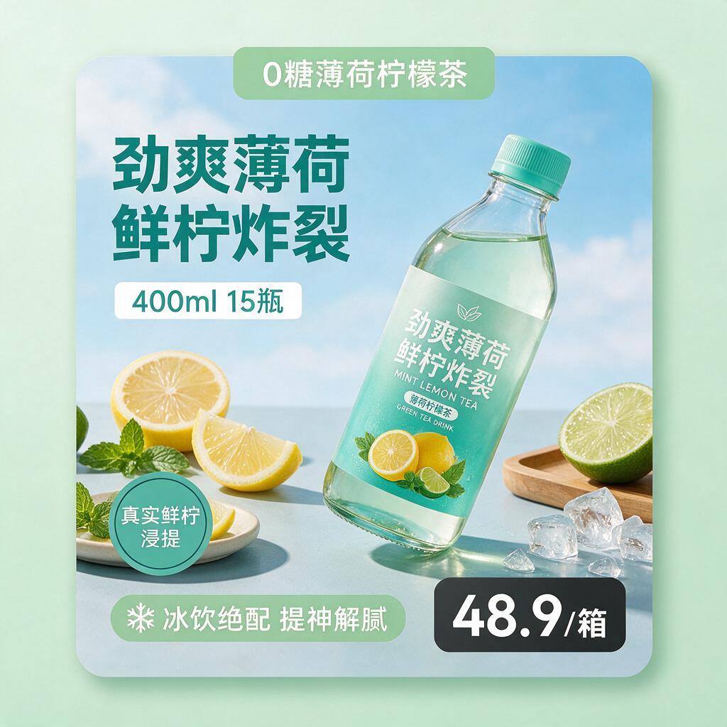 方形电商商业产品海报，薄荷柠檬茶快消饮品宣传，整体调性清新明快… - 图片创意预览