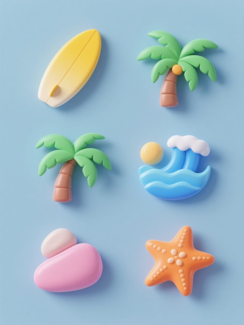 六个规整排布的3D简约现代风格夏天元素素材，每个素材包含渐变色彩的黄色冲浪板、绿色棕榈树、蓝色海浪、橙色海星、粉色鹅卵石等元素，采用光滑的塑料质感与柔和光影，背景为纯色，无文字无logo无水印，整体呈现明快清爽的夏日氛围，各元素造型简洁圆润，色彩和谐统一。预览效果