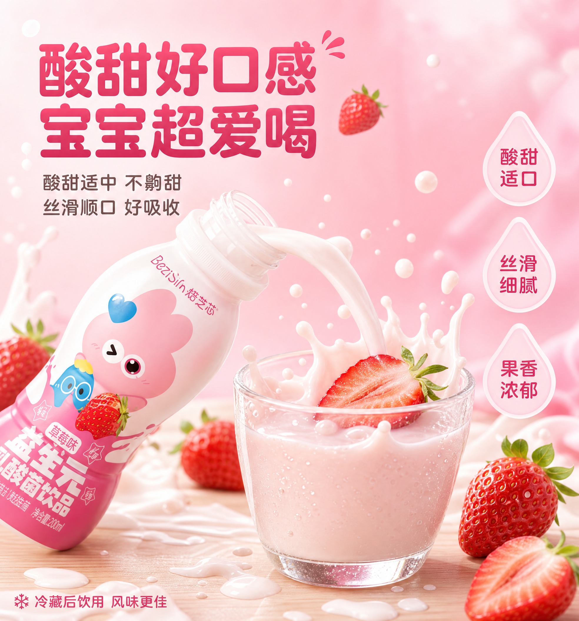 [商品] 使用【图1】焙芝芯益生元乳酸菌饮品（草莓味粉色瓶）；… - 图片创意预览