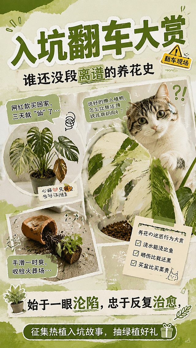 真实照片拼贴风格手账贴纸设计的活动宣传海报，参考风格：幽默案件感，绿色主题。主标题是"入坑翻车大赏"，副标题是"谁还没段离谱的养花史"，底部装饰文案为"始于一眼沦陷，忠于反复治愈"，下方小字标注"征集热植入坑故事，抽绿植好礼"。画面带有绿植元素拼贴，手账撕边边框，整体为9:16竖版，排版精美，配色以绿色为主，清新幽默氛围，所有文字清晰可读，保留参考图的拼贴贴纸版式和绿色标题设计。