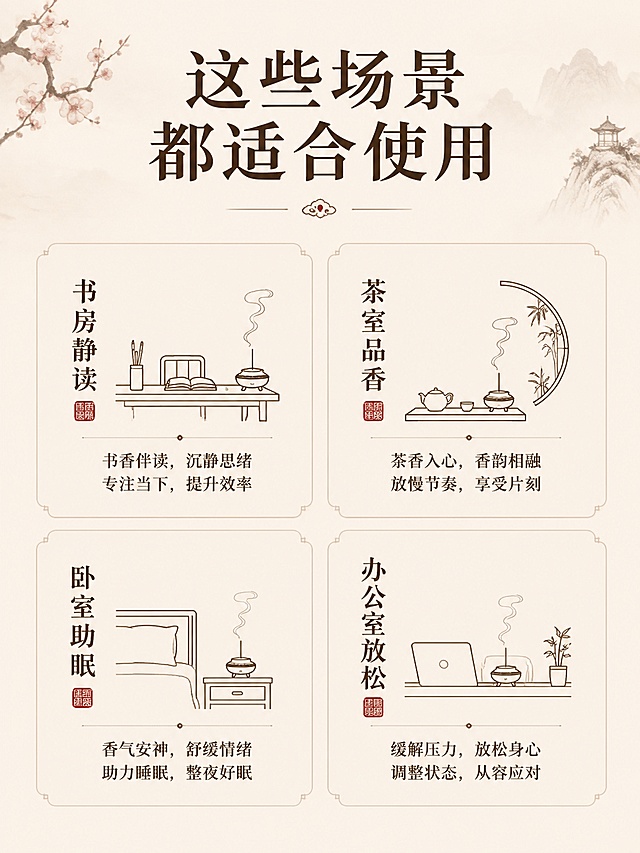 「图片1」「图片1」「图片1」「图片1」帮我出3张主图，5张详情图，第一张图是香插，是赠送的。国风版，字体要清晰，不要出现违规词
