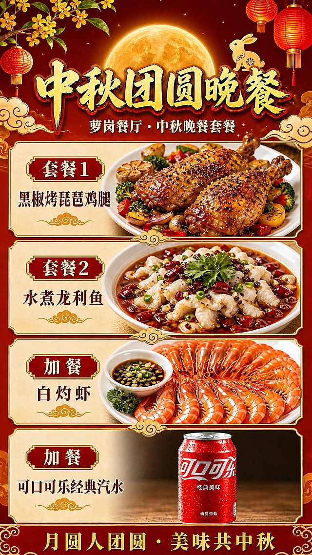 参考原海报的整体版式和中秋国风喜庆风格，生成一张新的中秋晚餐套餐宣传海报，竖版9:16，保持相同的构图骨架、中秋元素（深红色渐变天空、金色圆月、玉兔剪影、桂花枝、红灯笼、金色祥云）、四个美食卡片布局、底部祝福语通栏。画面顶部居中大主标题"中秋团圆晚餐"，苍劲书法字体金黄色描边，副标题"萝岗餐厅 · 中秋晚餐套餐"，米白色宋体小字。四个美食卡片依次展示：卡片一"套餐1 黑椒烤琵琶鸡腿"——金黄焦香的琵琶鸡腿，表面撒黑椒碎，泛油光，摆在铺有烤蔬菜的白瓷盘中，外皮焦脆诱人；卡片二"套餐2 水煮龙利鱼"——洁白滑嫩的龙利鱼片浸在红亮微辣的汤底中，点缀花椒、干辣椒、葱花和香菜，盛在白瓷碗中，香气扑鼻；卡片三"加餐 白灼虾"——红亮饱满的白灼虾整齐摆盘，虾身弯曲油亮，蘸碟装姜葱酱油，鲜嫩诱人；卡片四"加餐 可口可乐经典汽水"——只展示一瓶或一罐冰镇的红罐可口可乐经典汽水，红色罐身带白色"可口可乐"标志，罐身凝结冰凉水珠，画面干净突出汽水本身，旁边不放玻璃杯、不放冰块可乐。四个美食卡片之间用金色祥云纹样分隔。画面底部深红色通栏居中显示祝福语"月圆人团圆 · 美味共中秋"，金色文字。整体色调为深红色、金色、暖橙色、米白色，营造中秋团圆、丰盛喜庆的节日氛围。画面中没有二维码。所有信息区域和卡片标签必须精确渲染："中秋团圆晚餐""萝岗餐厅 · 中秋晚餐套餐""套餐1 黑椒烤琵琶鸡腿""套餐2 水煮龙利鱼""加餐 白灼虾""加餐 可口可乐经典汽水""月圆人团圆 · 美味共中秋"，内容填充完整合理，不得出现空白框、空白占位、横线待填写区域、空列表项、空单元格。版式精美，层次分明，文字清晰可读，超高清画质，2K分辨率。