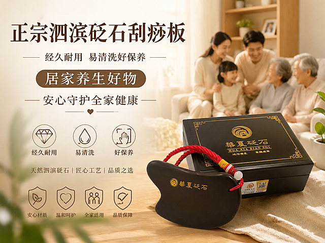 结尾信任海报，展示正宗泗滨砭石刮痧板，搭配其品牌包装盒，画面呈现居家养生好物的温馨质感，突出产品经久耐用、易清洗好保养的特点，传递安心守护全家健康的理念，画面中完整文案为"正宗泗滨砭石刮痧板 经久耐用 易清洗好保养 居家养生好物 安心守护全家健康"
